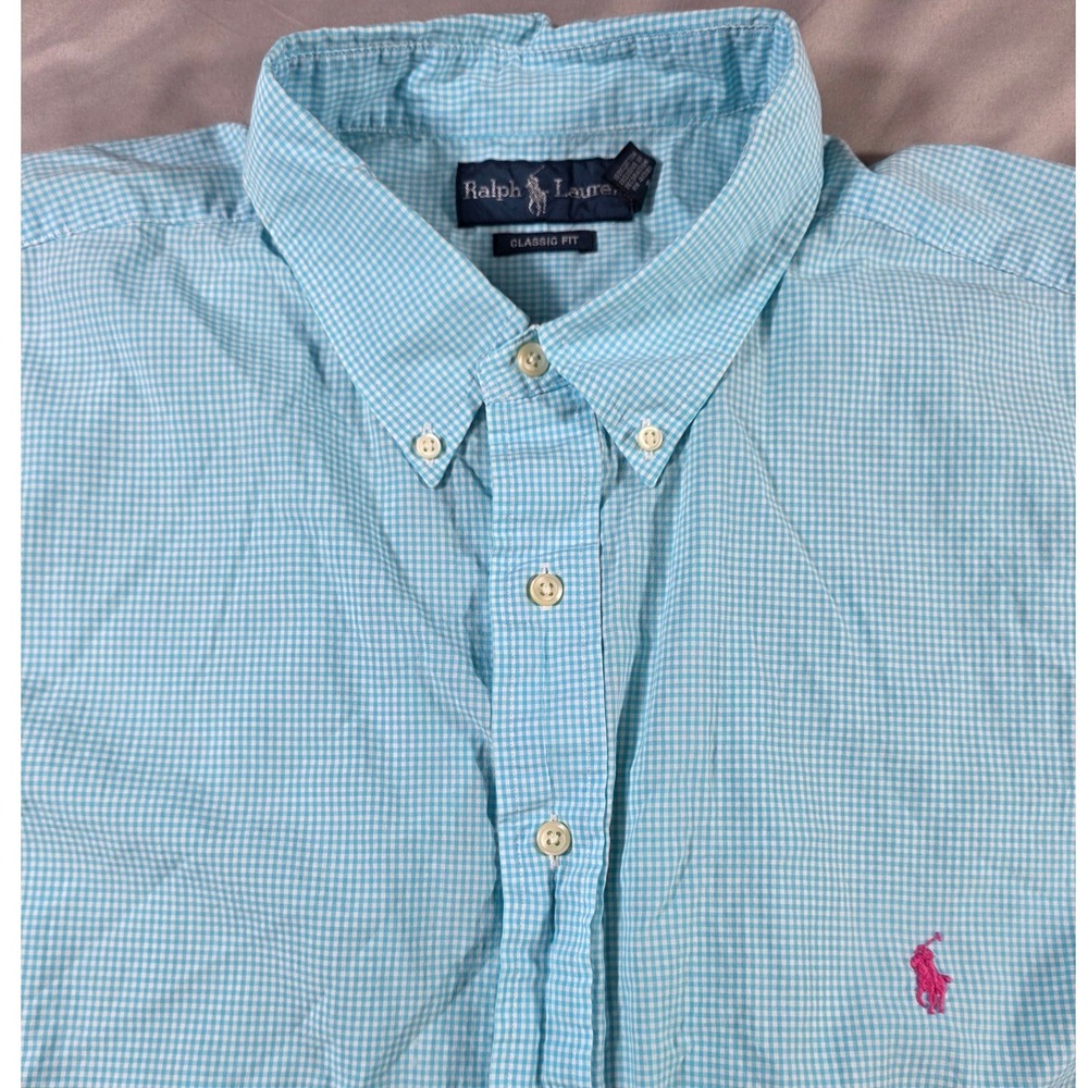 Ralph Lauren Button Down Shirt Men 2XLT Aqua Blue Gingham Classic Fit Tall Short
